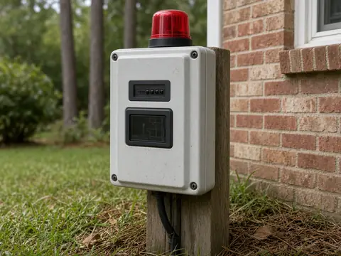 Aerobic septic control panel with a red alarm light on a post
