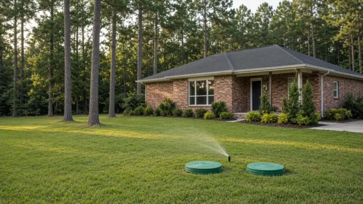 Brick home among East Texas pines with green aerobic septic lids in the lawn